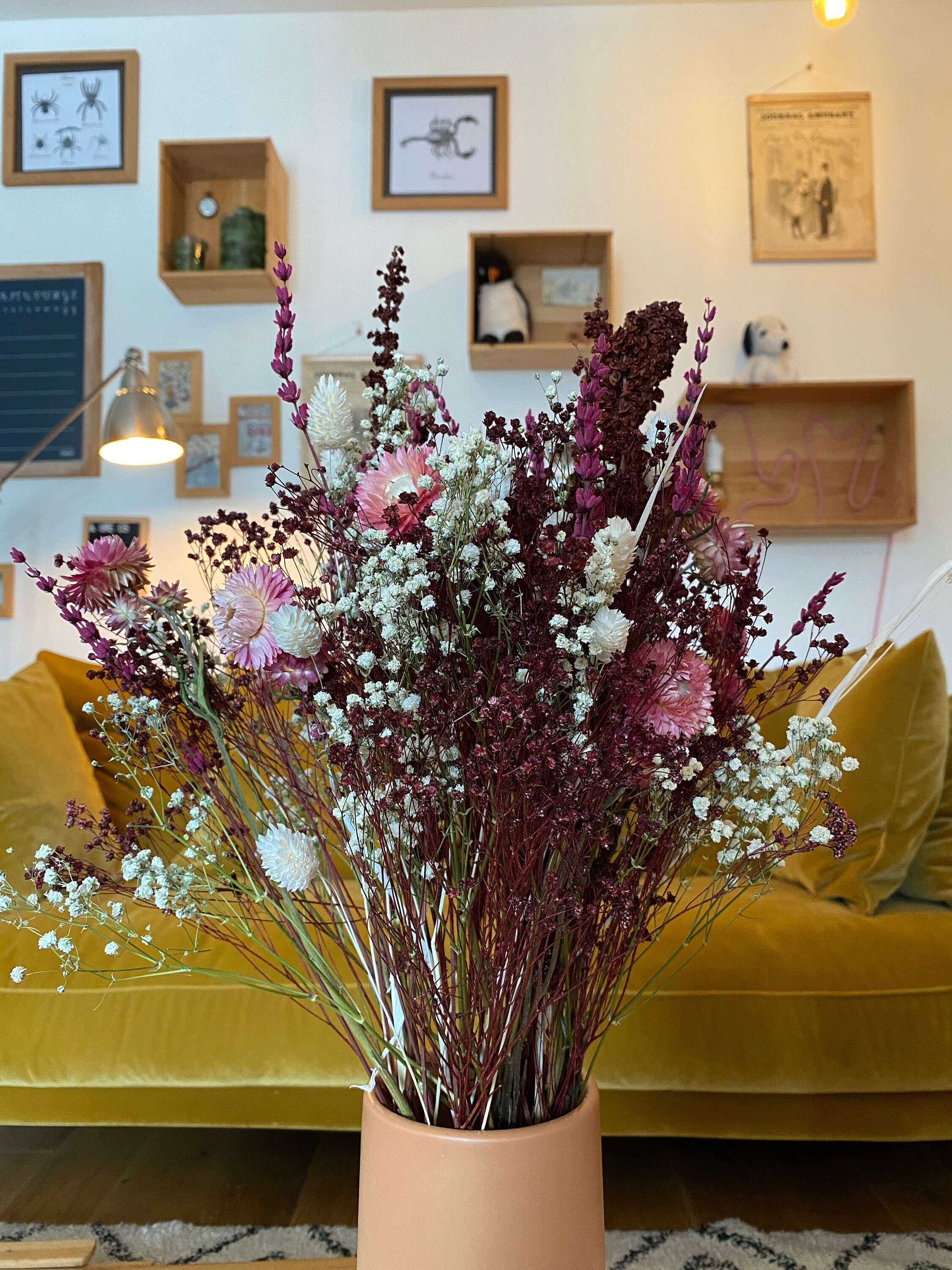 Bouquet de Fleurs Séchées, Champêtre Rose et Bordeaux