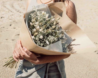 Bouquet fleurs séchées blanches et verte