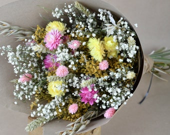 Bouquet fleurs séchées champêtre rose jaune et vert