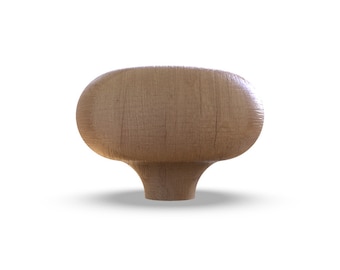 May include: A wooden knob with a rounded top and a slightly flared base. The knob is a light brown color and has a smooth, polished finish.