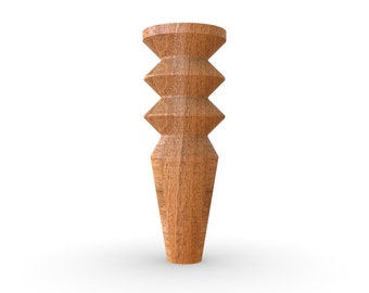 May include: A wooden furniture leg with a unique, geometric design. The leg is brown and has a tapered shape.