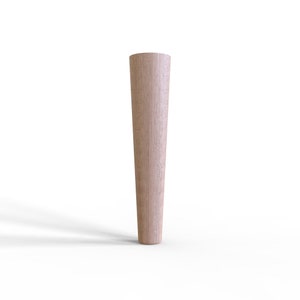 Könnte beinhalten: Ein Möbelbein aus Holz mit einem sich verjüngenden Design. Das Bein ist hellbraun und hat eine glatte Oberfläche.