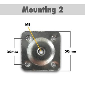 May include: A silver-colored metal mounting plate with a central hole and four smaller holes at the corners. The plate is square, measuring 50mm by 35mm. The text "Mounting 2" is at the top, and "M8" is indicated.