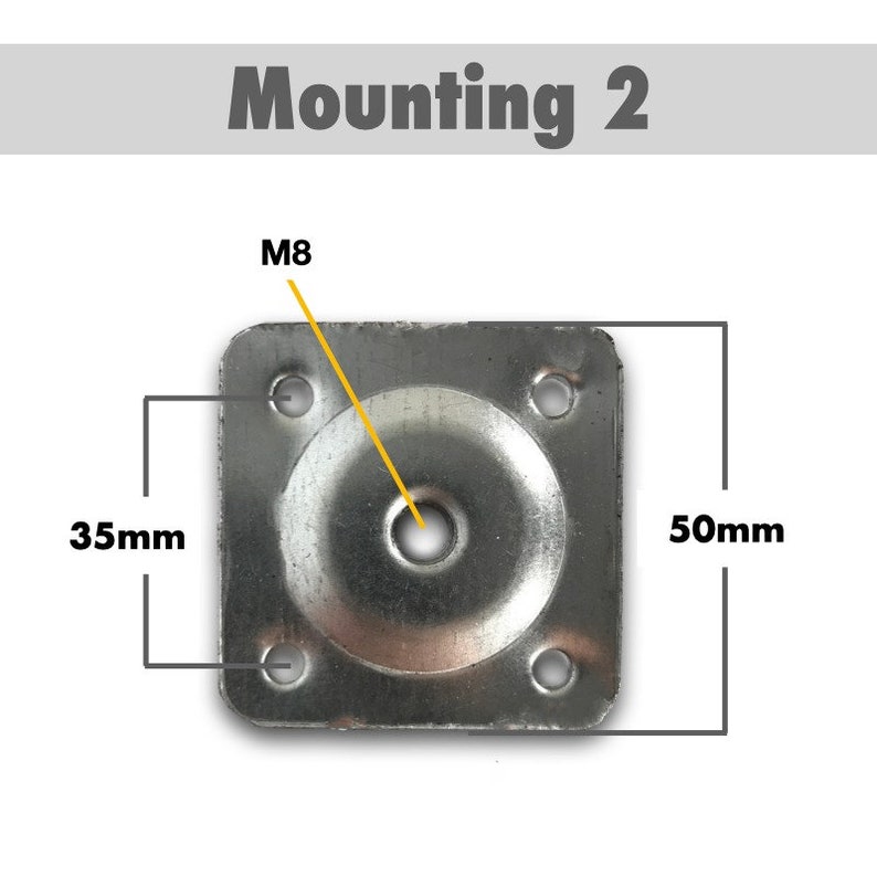 May include: A silver-colored metal mounting plate with a central hole and four smaller holes at the corners. The plate is square, measuring 50mm by 35mm. The text "Mounting 2" is at the top, and "M8" is indicated.