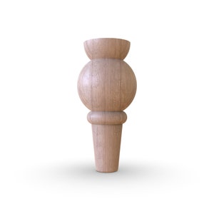 May include: A wooden furniture leg with a rounded ball shape and a tapered bottom.
