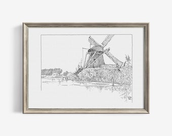 Vintage Windmill Sketch Neutral Minimalist Wall Art Printable - Large Digital Downloadable Landscape Print Neutral Room Decor | 103