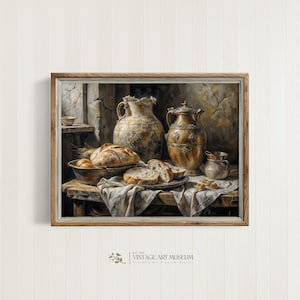 Bread & Clay Jug Still Life | Vintage Muted Oil Painting Print | Farmhouse Kitchen Cottagecore Art | 29