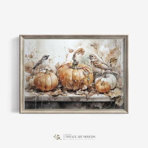 Fall Art Printable Vintage Pumpkin Bird Print | Watercolor Painting Rustic Fall Decor | Halloween Autumn Wall Art Thanksgiving Decor | 480