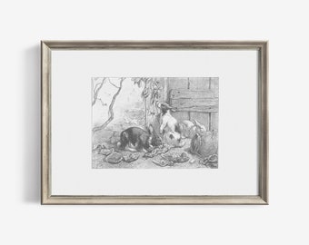 Rabbits Wall Art Print Vintage Sketch Antique Pencil Drawing - Neutral Printable Farmhouse Room Decor Digital Downloadable | 281