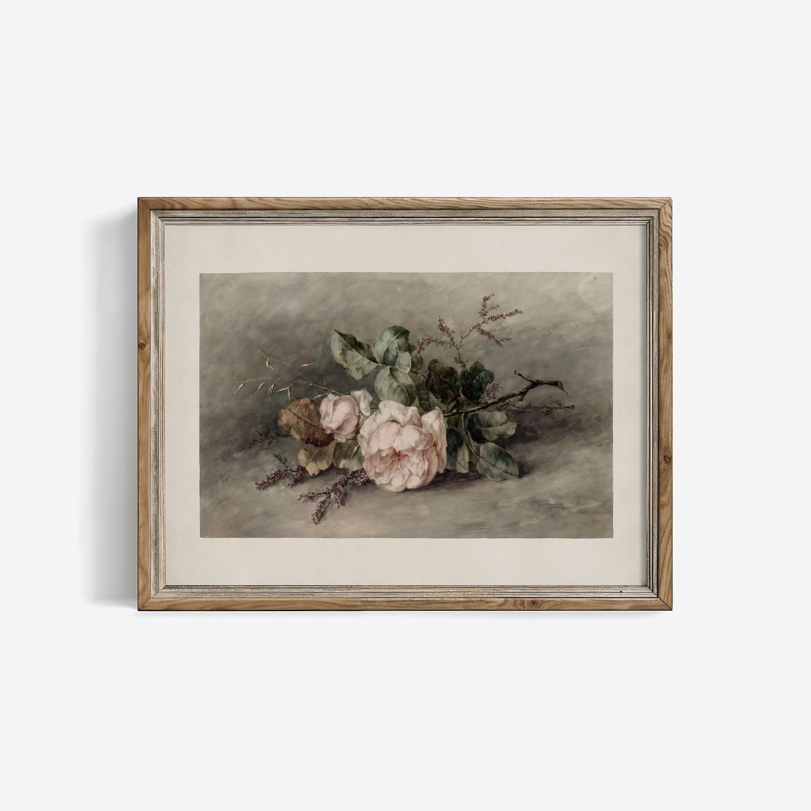 ヴィンテージローズプリント：静物画 花の水彩画 コテージコア