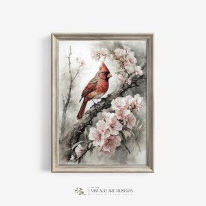 Northern Cardinal in Cherry Blossom Tree: Vintage Watercolor Bird Spring Wall Art Rustic Home Decor Downloadable Art Printable | 407