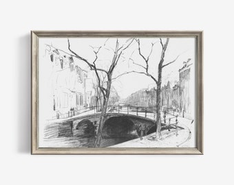 Vintage Amsterdam Sketch Print Minimalist City Wall Art Pencil Drawing Neutral Printable Art Housewarming Gift Digital Downloadable | 364