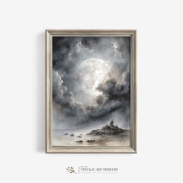 Vintage Celestial Moon Over Coastal Landscape: Moody Watercolor Digital Wall Art for Farmhouse & Cottagecore Decor | 218