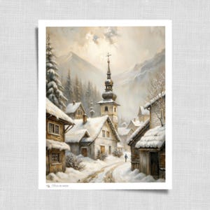 Snowy Village Christmas Winter Print | Warm Vintage Painting Holiday Wall Art | Rustic Farmhouse Decor | 33