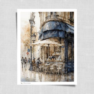 Street Cafe Paris Watercolor Art | French Bistro Wall Print | Vintage Cityscape Digital Download | Parisian Architecture Charm | 555