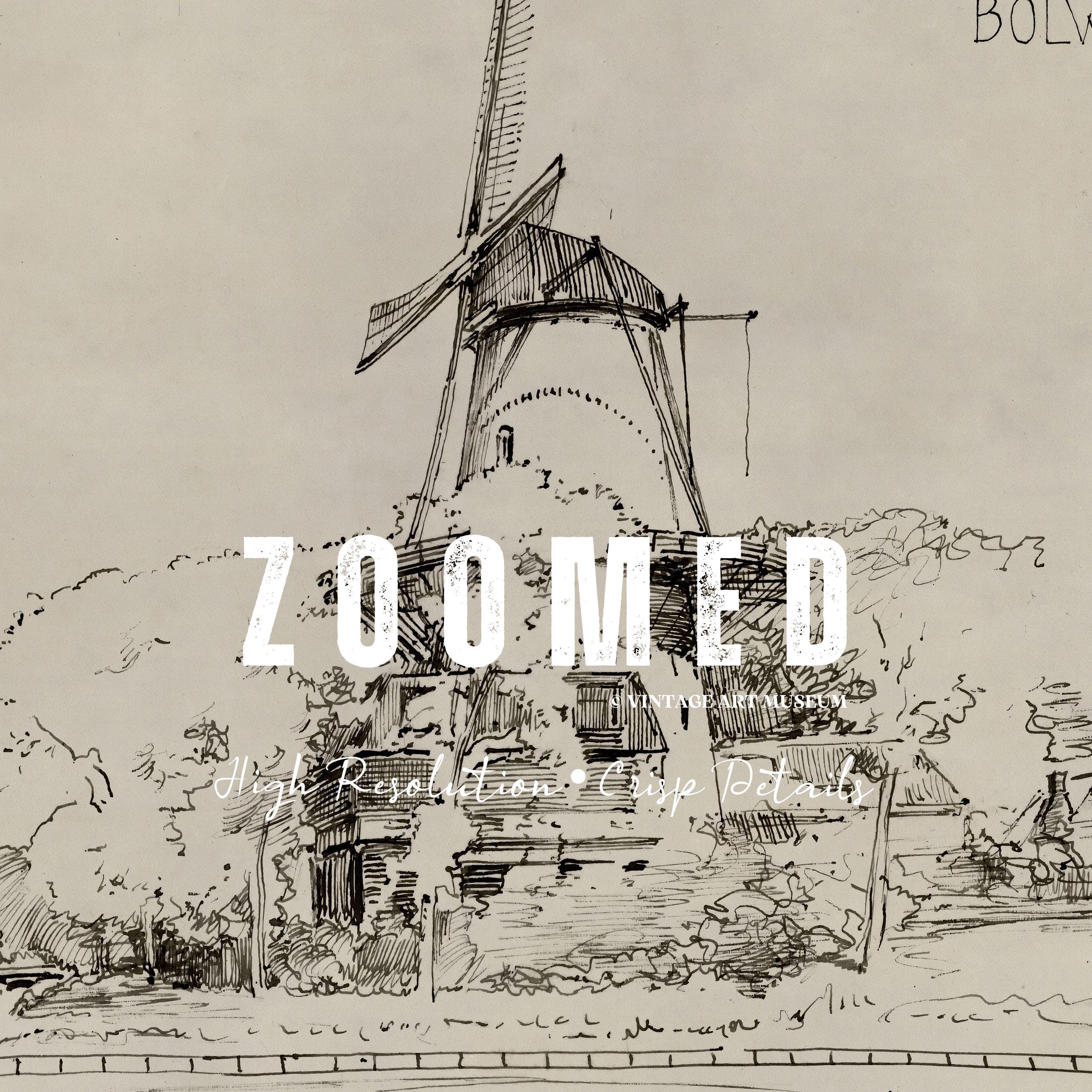 Antique Dutch Windmill Sketch Ink Print: Rustic Medieval