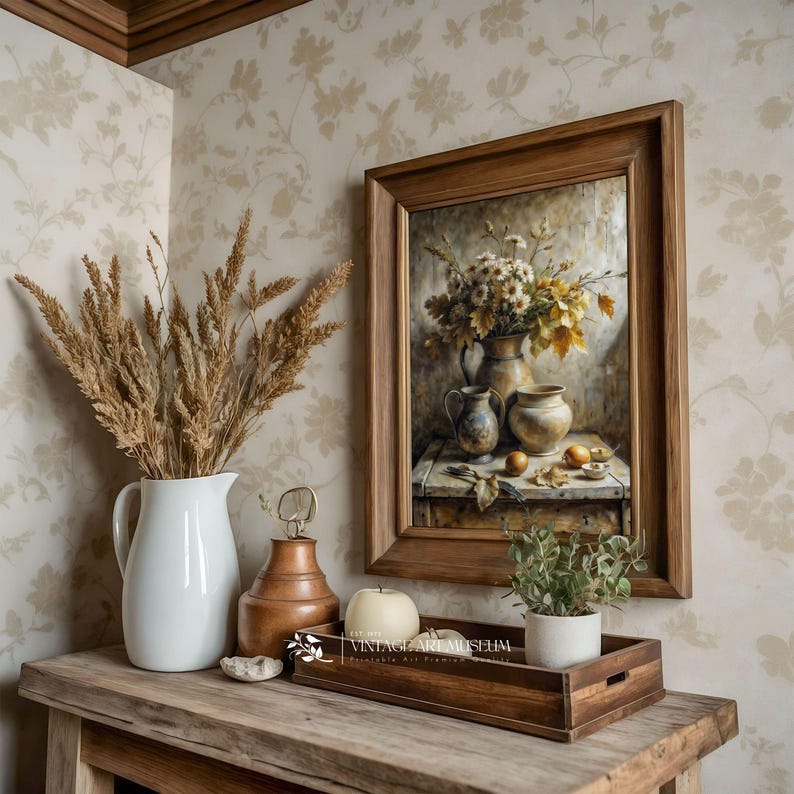 Autumn Still Life Art Cozycottage Wall Art With Leaves and Daisies