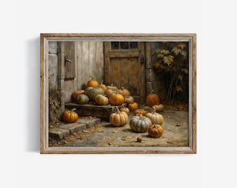 Puede incluir: Una impresión de arte mural enmarcada que representa una colección de calabazas naranjas, verdes y grises dispuestas sobre escalones de piedra frente a una puerta de madera rústica. La escena incluye hojas de otoño dispersas y follaje.
