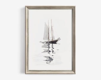 Vintage Sailboat Sketch Print Minimalist Nautical Wall Art - Antique Watercolor Painting Romm Decor Printable Downloadable | 47