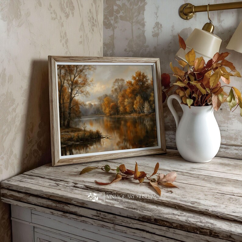 Orange Autumn Shore Fall Landscape Print Large Cozy Wall Art, Vintage
