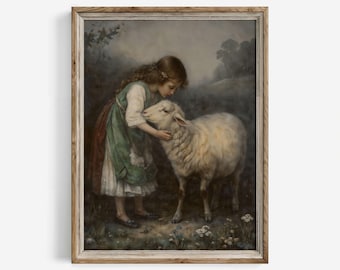Vintage Shepherdess Print: Farm Animal Pastoral Painting Cottagecore Decor (Digital Download) | 577