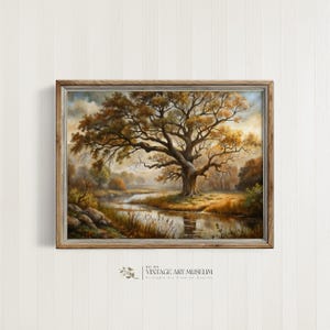 Branchy Tree by the River Fall Landscape Art Print | Autumn Forest Serene Nature Wall Decor | Rustic Countryside Farmhouse Vibes | 637
