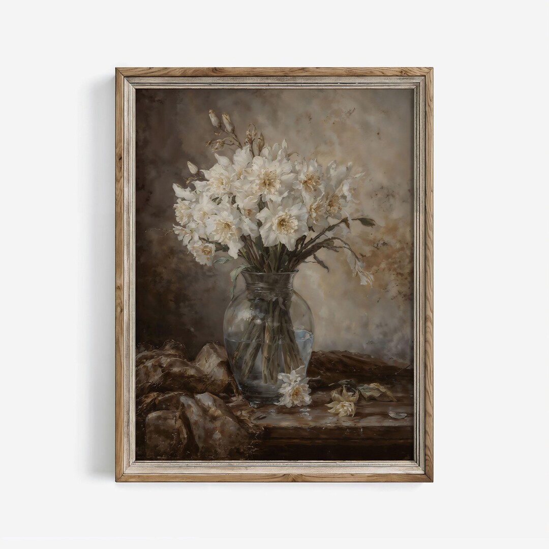 白い水仙の油絵：ヴィンテージの花の静物画 Mudet アートプリント