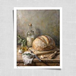 Loaf of Bread Still Life Kitchen Wall Art - Rustic Oil Painting Printable for Farmhouse or Vintage Culinary Decor | 732