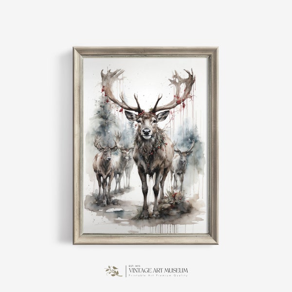 Vintage Christmas Reindeer Watercolor Wall Art | Neutral Holiday Decor Printable | 537