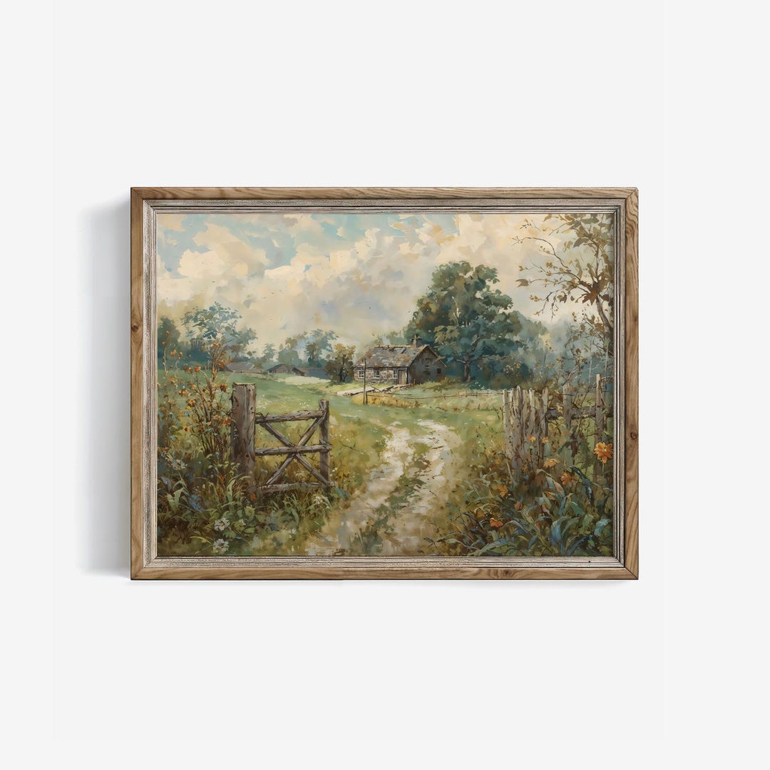 Vintage Country Landscape Oil Painting Print: Farmhouse Wall Art ...