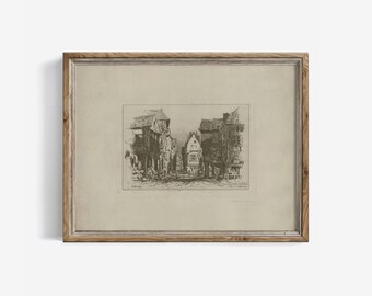 Antique Ink Drawing: French Cityscape Wall Art Muted Cottagecore (Printable Download) | 666