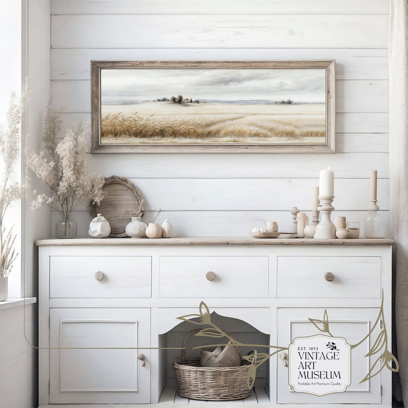 Cottagecore decor featuring a panoramic wheat field painting