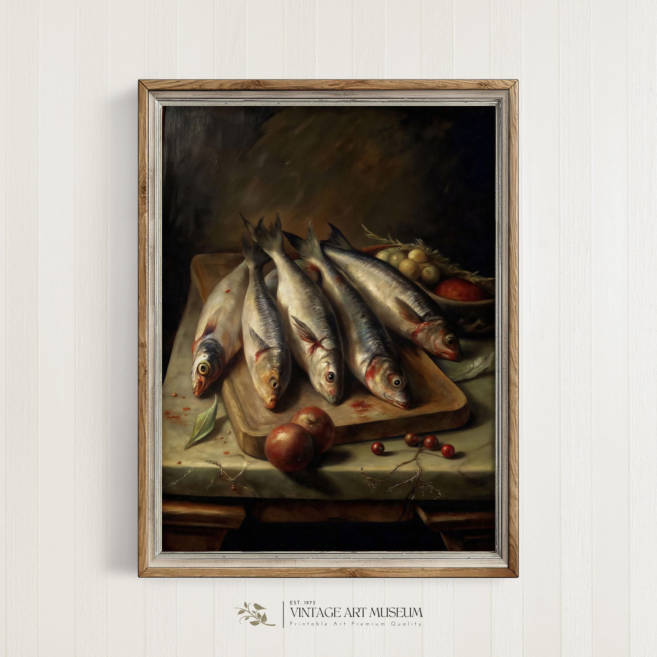 ヴィンテージ アート 絵画 プリミティブ サイン入り 額装品 インテリア ヴィンテージ フィッシュ 静物画 アートプリント：ダークファーム
