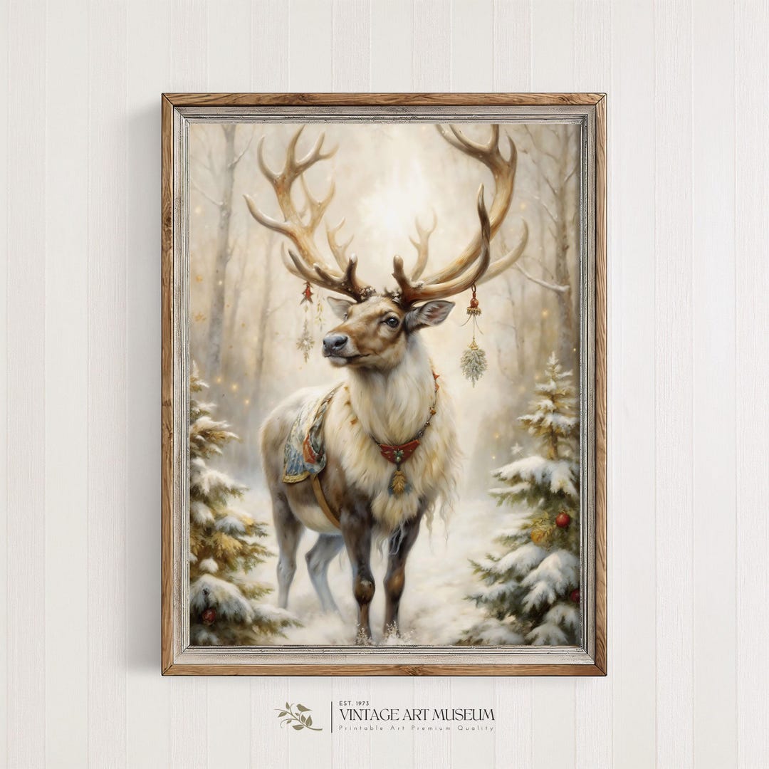 Vintage Christmas Deer Painting: Cozy Holiday Wall Art (digital ...