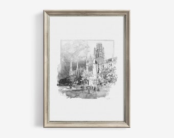 Architecture Print Vintage Sketch Wall Art - Minimalist Castle Printable French Country Decor - Digital Downloadable | 188