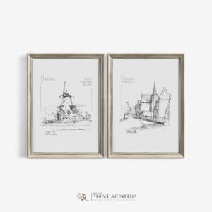 Antique Architecture Sketch Drawing Set of 2 Prints - Vintage Art For Gallery Wall Decor Digital Downloadable | 391