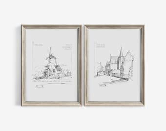 Antique Architecture Sketch Drawing Set of 2 Prints - Vintage Art For Gallery Wall Decor Digital Downloadable | 391