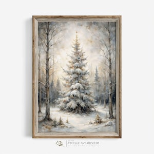 Wald Tannenbaum Verschneite Szene Vintage Stil Winter Landschaft Druckbare Wandkunst, Digitales Ölgemälde Cottagecore Urlaub Dekor | 288