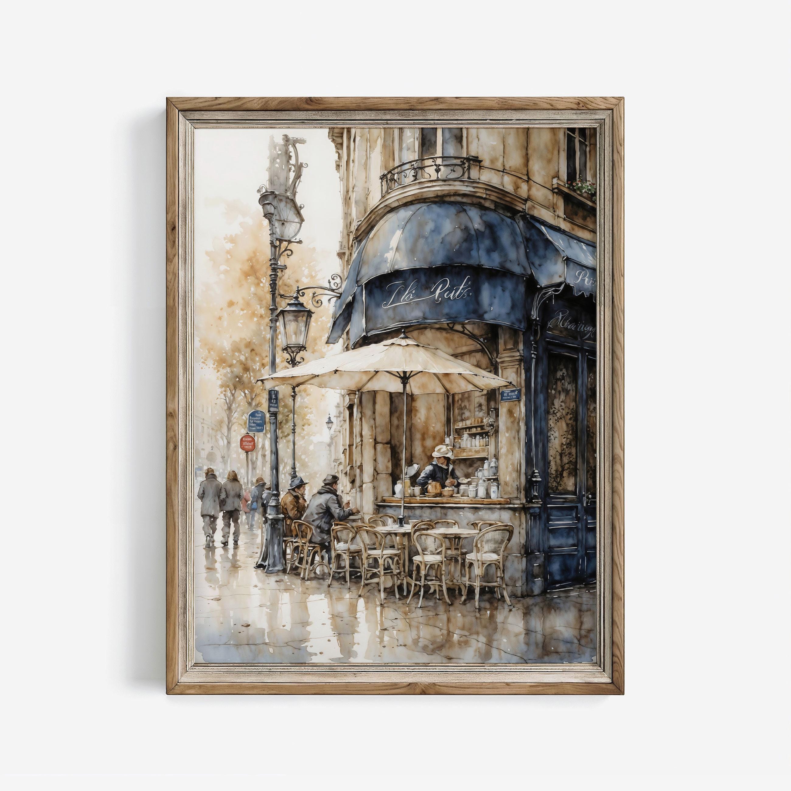 パリのカフェ水彩画：ヴィンテージフランス建築アートプリント