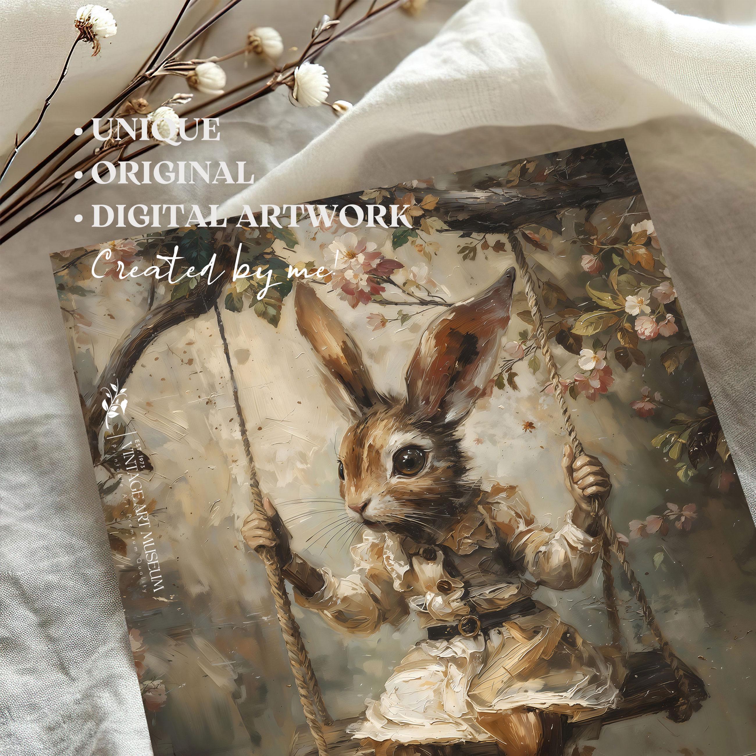 Vintage Bunny on Swing Print: Fairytale Easter Wall Art Cozy Decor