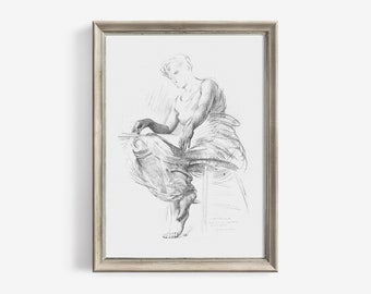 Antique Woman Sketch Drawing Art Print Vintage Printable Large Neutral Wall Art - Digital Download Minimalist Room Decor | 166