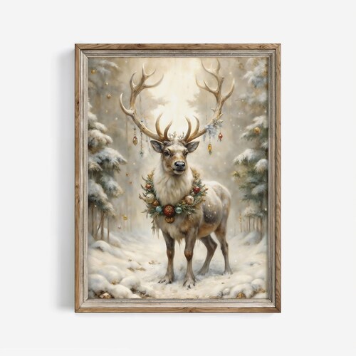 Vintage Reindeer Christmas Print: Cottagecore Holiday Wall Art Decor (Digital Download) | 348