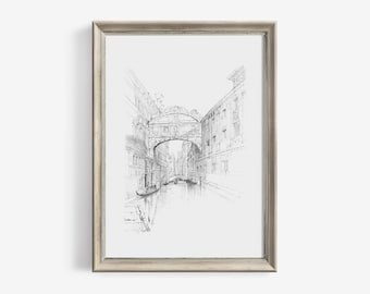 Venice Italy Bridge Sketch Vintage Wall Art Print - Antique Architecture Printable Neutral Room Decor - Downloadable Prints | 173