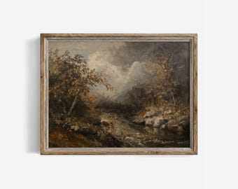 Moody herfstboslandschapsafdruk: vintage herfstschilderij rustieke boerderij (digitale download) | 437