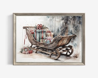 Vintage Christmas Sleigh Watercolor Printable | Rustic Wall Art Decor | 428