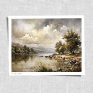 Shore of a Lake Moody Landscape Painting Print | Vintage Style Wall Art | Printable Digital Artwork | Cottagecore Rustic Decor | 161