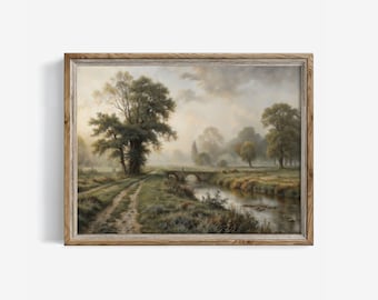 Vintage River Landscape Print: Muted Earth Tones Cottagecore (Digital Painting Printable) | 01