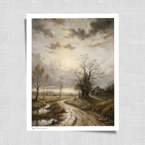 peinture vintage de paysage de campagne | Grande oeuvre d&#39;art murale rustique européenne de mauvaise humeur, décoration Cottagecore imprimable de village | Numérique téléchargeable | 130