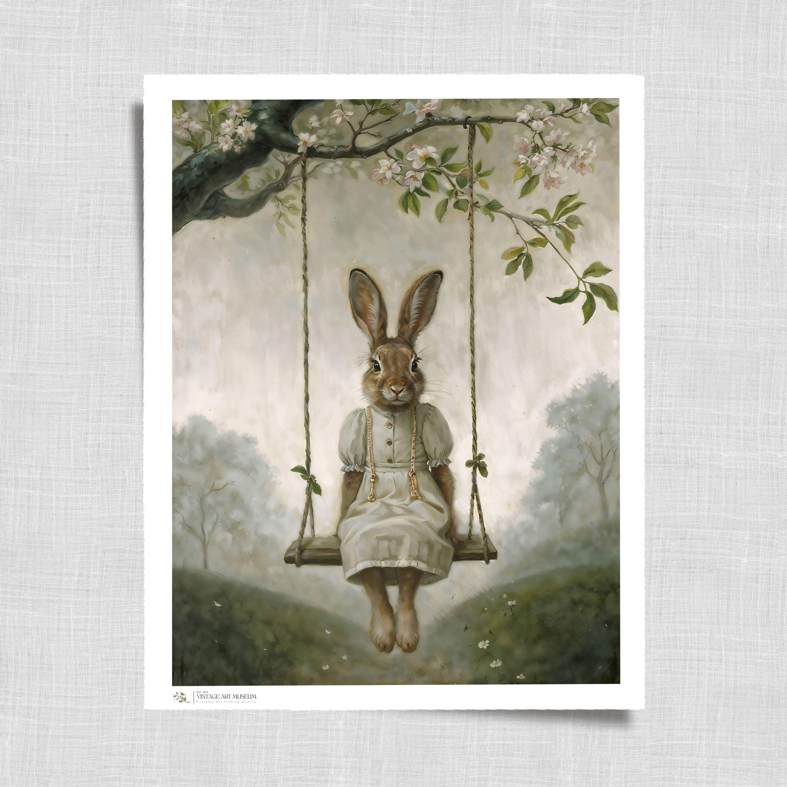 Antique Bunny on Swing Wall Art - Vintage Spring Print, Sage