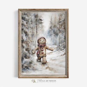 Hiking in Winter Vintage Christmas Wall Art | Gingerbread Man Watercolor Painting and Forest Printable Art for Christmas Decor | 515